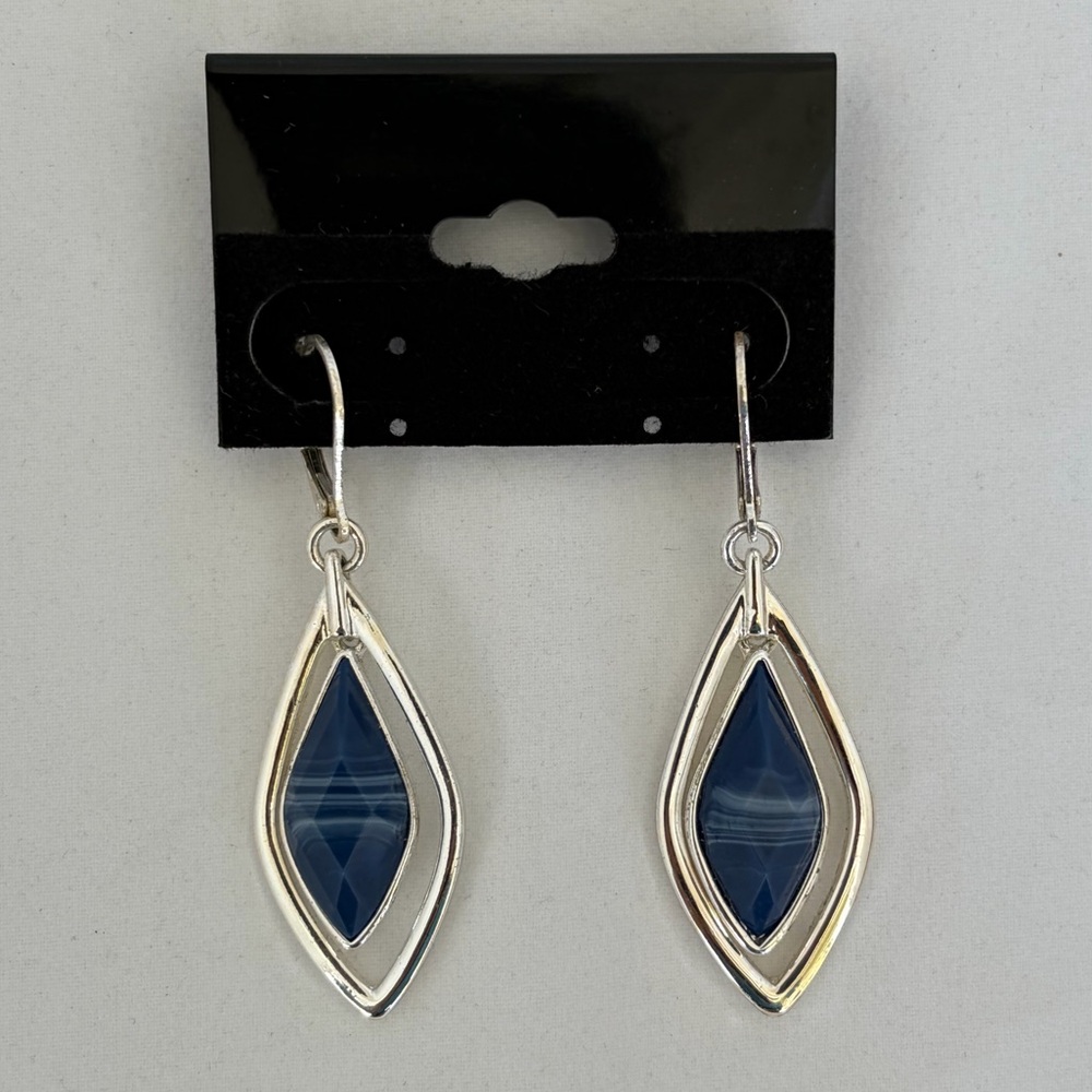 Napier Silver Tone Blue Marquise Drop Dangle Earrings Leverback Vintage Style